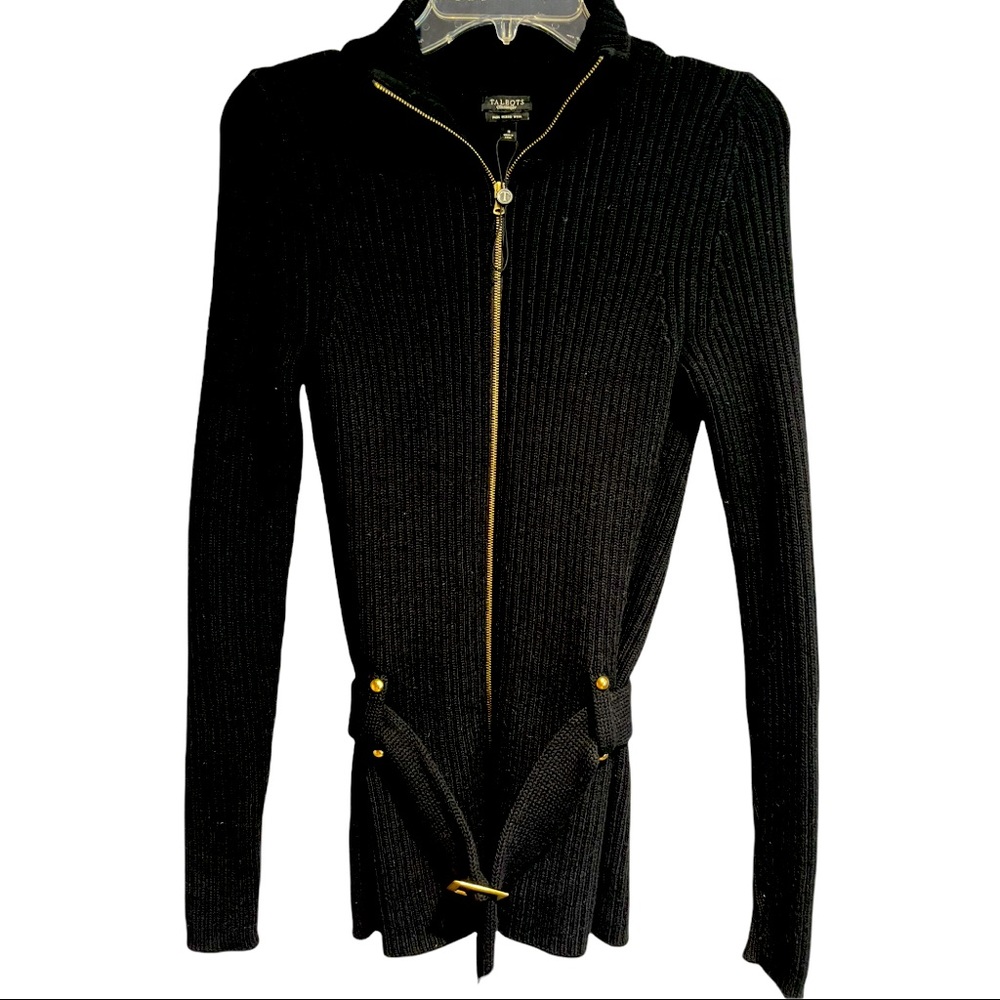 Gorgeous Talbots belted black zip mock neck sweater
